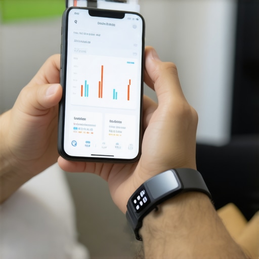Person reviewing health app on smartphone showing lab results with wearable health devices nearby