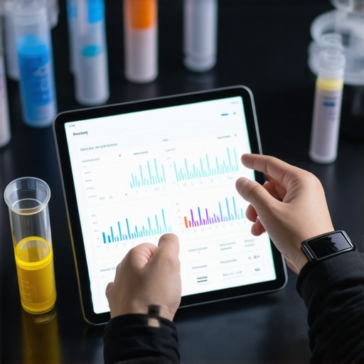 Digital Health Monitoring Tools in Use Person engaging with health apps on a tablet with lab and wearable devices nearby.