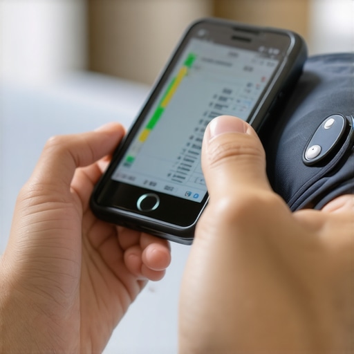 Person checking blood pressure with a digital monitor synced to a smartphone.