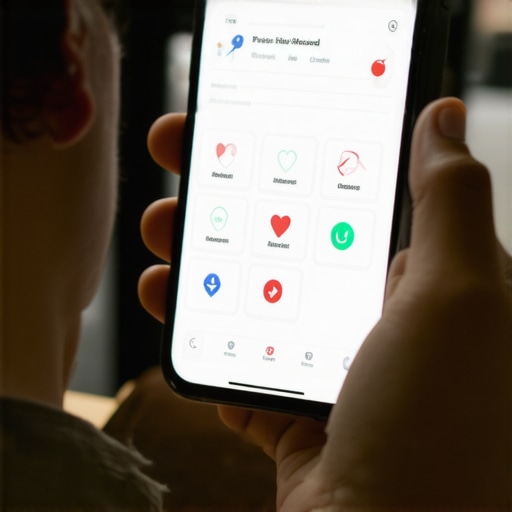 Parent viewing health data on a smartphone app with icons representing vaccinations, lab tests, and wellness