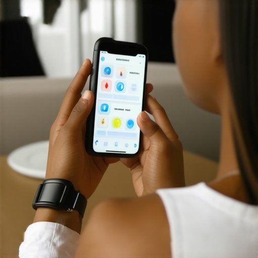 Digital Wellness Monitoring Tools Person reviewing health data on a smartphone and wearable device for long-term wellness management.