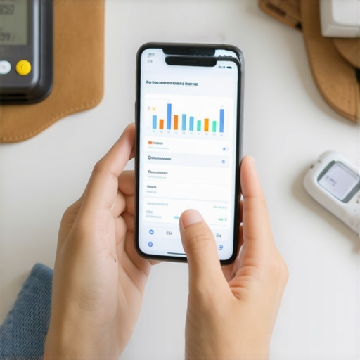 Digital health management tools for ongoing wellness Person reviewing digital health app with various health monitoring tools nearby.