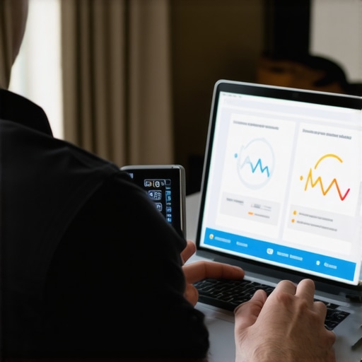 Person monitoring blood pressure with a digital cuff and consulting telehealth platform on a laptop.