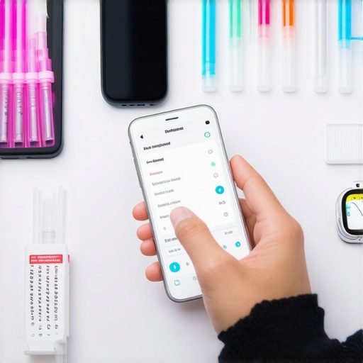Digital tools supporting wellness routines Individual checking health data on a smartphone with lab and wearable devices in view.