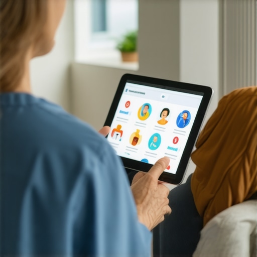 Doctor showing health data on a tablet to a mature patient during a telehealth consultation.