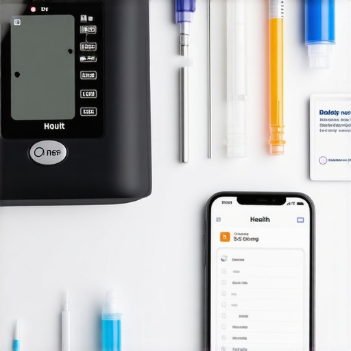 Essential Health Monitoring Tools at Home A collection of health tracking devices including a blood pressure cuff, lab kits, and a smartphone with health data.