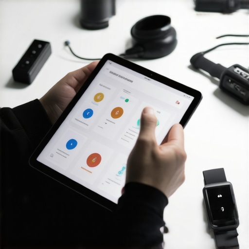 Family health monitoring setup with wearable tech and digital records A person examining digital health data on a tablet with health devices around