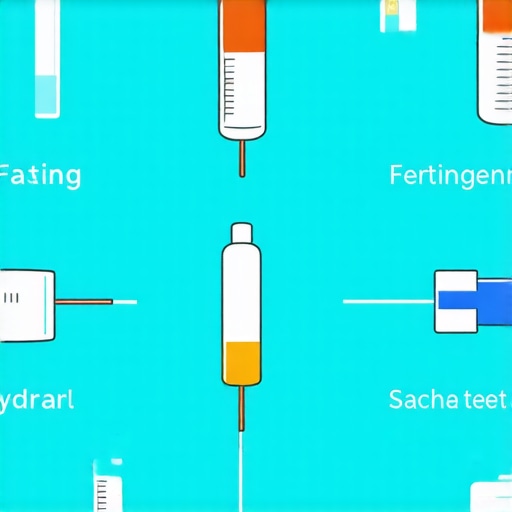 Illustration of steps to prepare for a blood glucose test, including fasting, hydration, and doctor consultation.