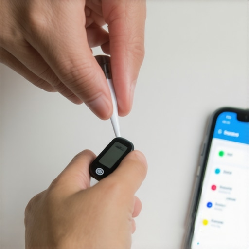 Home Blood Glucose Testing Person using a blood glucose monitor and smartphone to track health data.