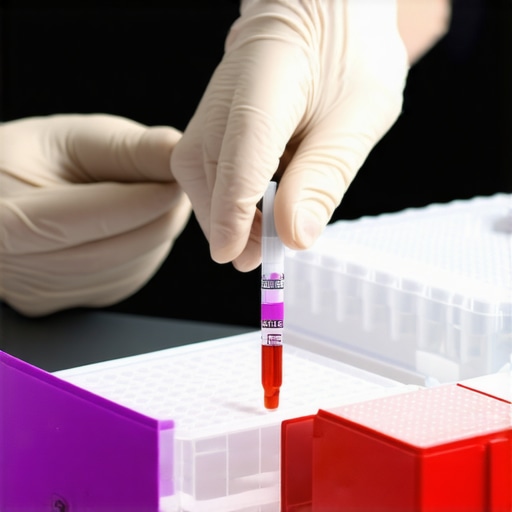 Person carefully collecting blood sample with a testing kit at home.