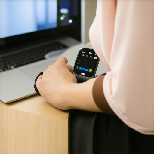 Home Health Monitoring Devices Person checking blood pressure and glucose levels with digital devices in a modern home setting.
