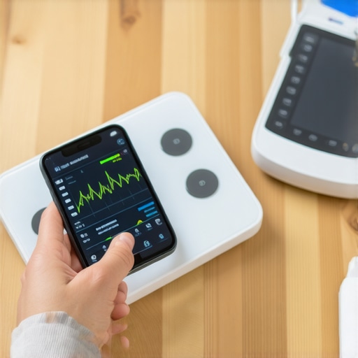 Person tracking health metrics using digital devices and smartphone in a cozy home environment.