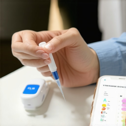 Person performing blood test at home with smartphone displaying health app.