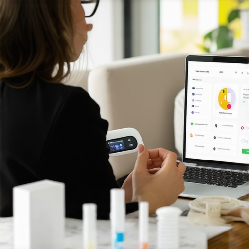 Home Wellness Monitoring Setup Individual monitoring health data using wearable devices and online platform at home.