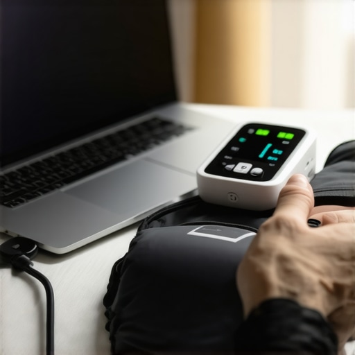 Home health monitoring setup with digital devices and telehealth platform Person checking blood pressure with a digital monitor while using a laptop for telehealth