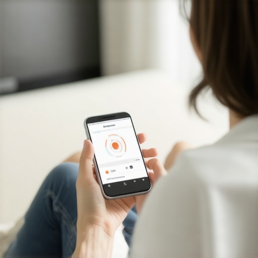 Individual checking health data on a smartphone connected to a digital health monitor