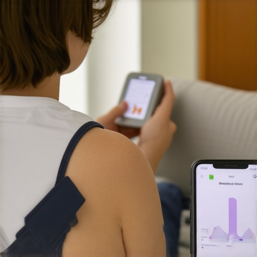 Home health monitoring with digital devices Person measuring blood pressure using a digital monitor connected to a smartphone.