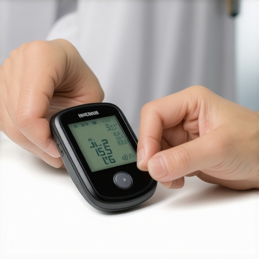 A person checking their blood sugar levels with a continuous monitor and smartphone