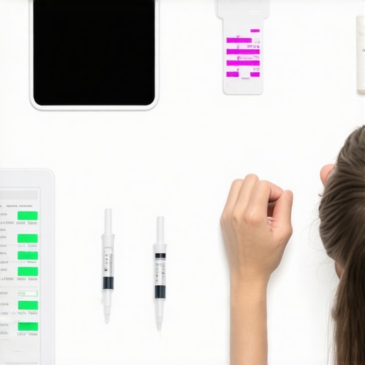 Person reviewing digital health data on a tablet with at-home testing kits and wearable devices nearby.