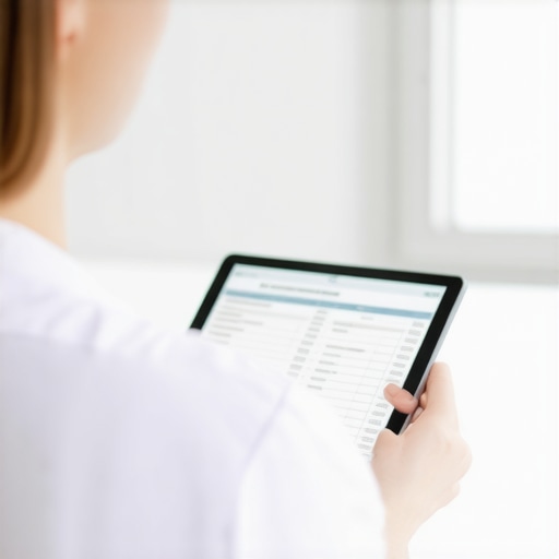 Doctor analyzing blood test data digitally.