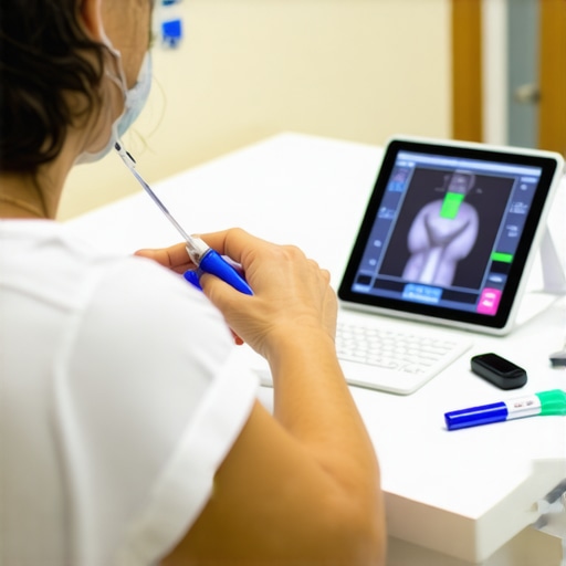 Person getting blood drawn for lab testing with telehealth setup in the background.