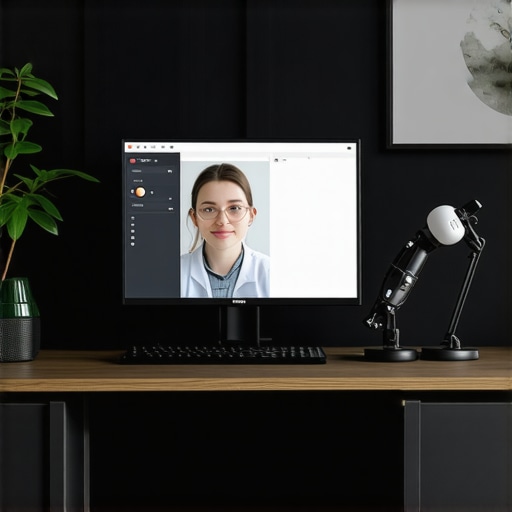 Optimized Telehealth Workspace Setup for Virtual Care A clean, well-lit home office with a high-definition webcam, microphone, and neatly arranged tech devices for telehealth sessions.
