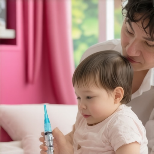 Parent and child playing with a toy syringe to prepare for vaccination