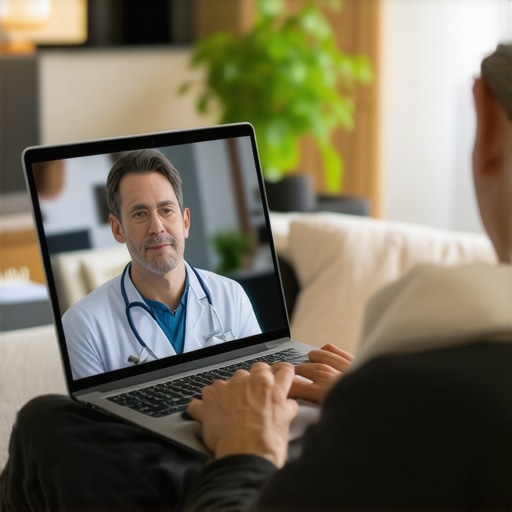 A woman attending a virtual medical consultation from her living room on her laptop.