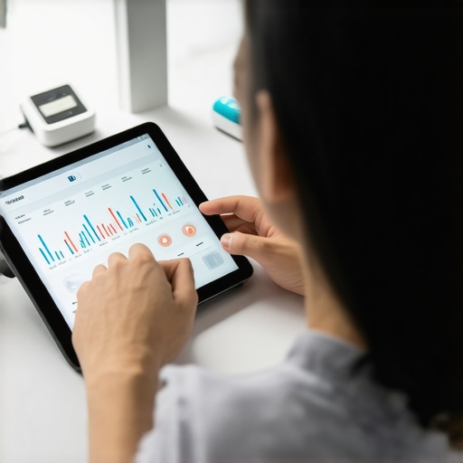 Individual analyzing health metrics on a digital device with health tools nearby.