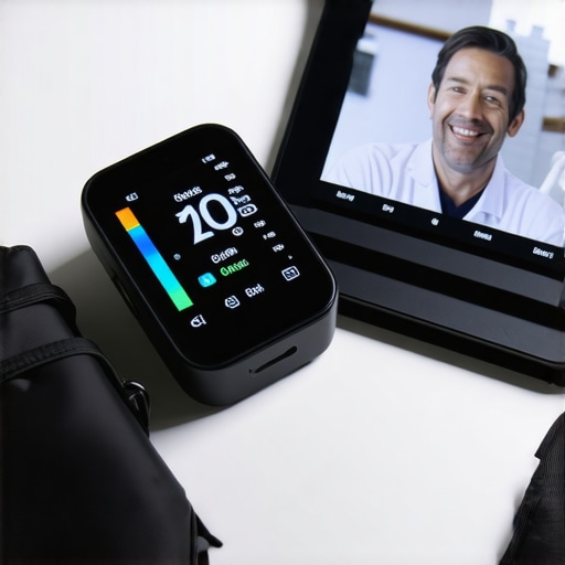 A person using home health devices connected to a smartphone and tablet for telehealth