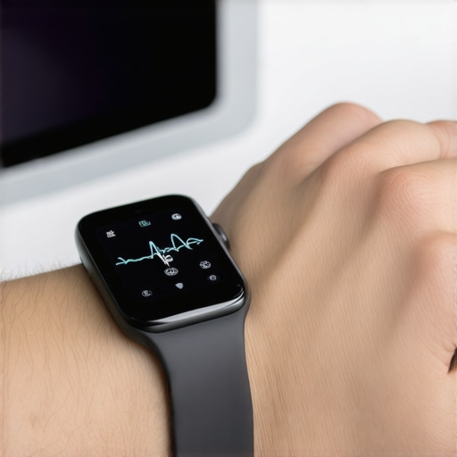 Personal Wellness Tech in Action Person checking their blood pressure using a wearable device connected to a smartphone for health monitoring.