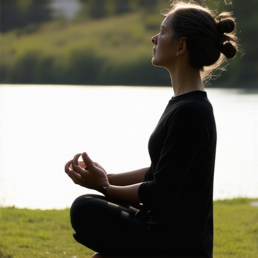 Practicing meditation in nature improves stress management. Person meditating outdoors to reduce cortisol levels.