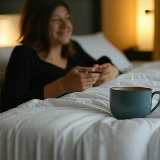Person calmly preparing for sleep with herbal tea and low lighting