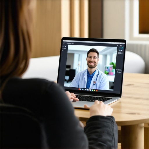 Remote Medical Consultation Person having a video call with a doctor on a laptop at home during health journey.