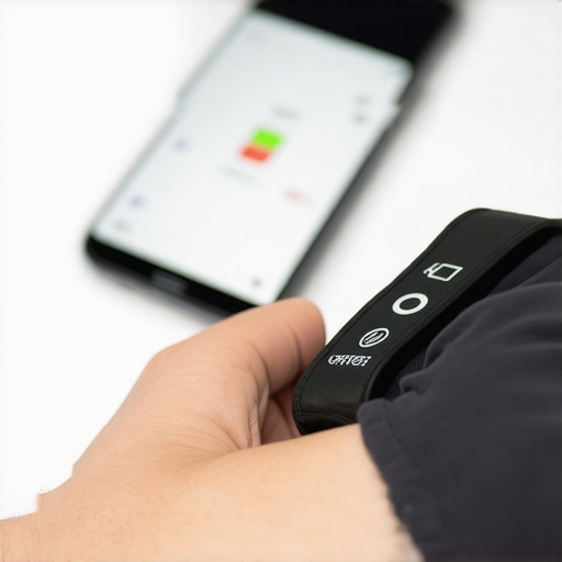 Smart Health Monitoring Device in Use Person measuring blood pressure with a digital monitor and smartphone