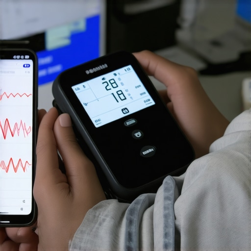 Smart health monitoring setup with digital devices Person measuring blood pressure using a digital monitor connected to a smartphone in a home setting.