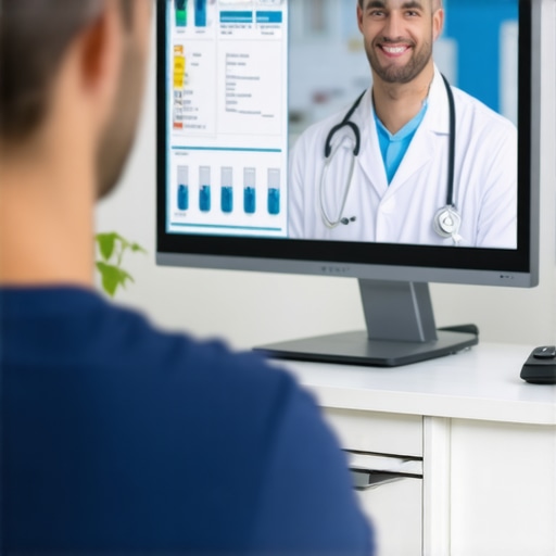 A virtual medical consultation between a patient and healthcare provider discussing lab results.