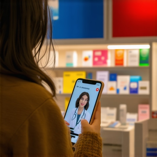 Person on a video call with a healthcare provider using a smartphone at night, with pharmacy environment in the background