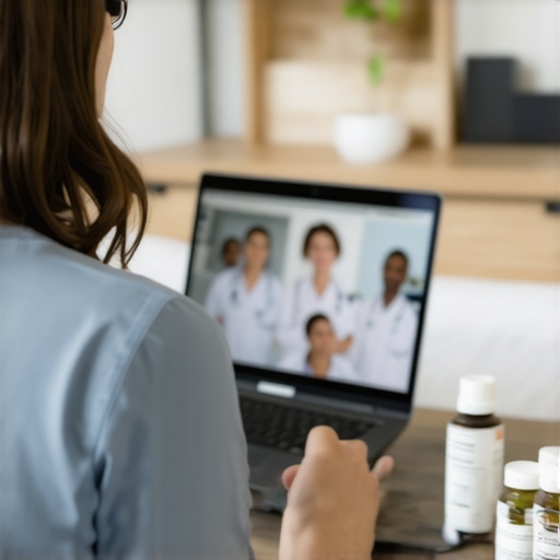Person speaking with a healthcare provider via laptop during a telehealth appointment, with sinus relief remedies on the desk.
