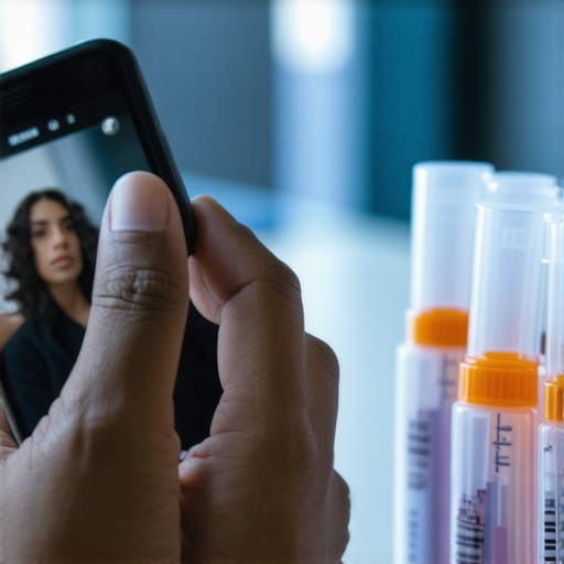 Person engaging in a telehealth appointment using a smartphone with lab kits on the table