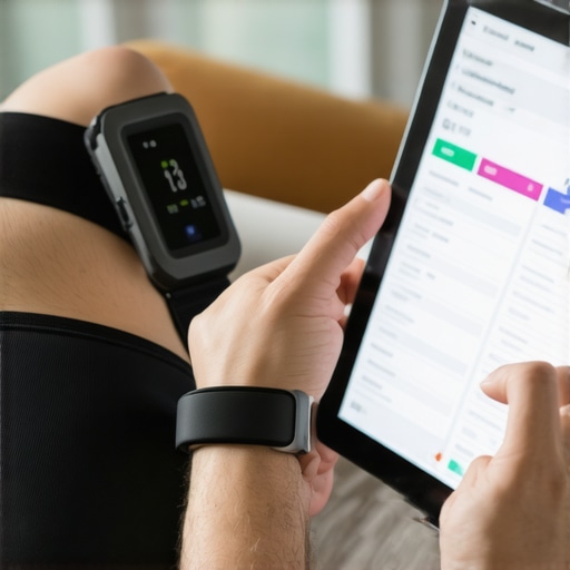 Person using wearable device and reviewing health data at home.