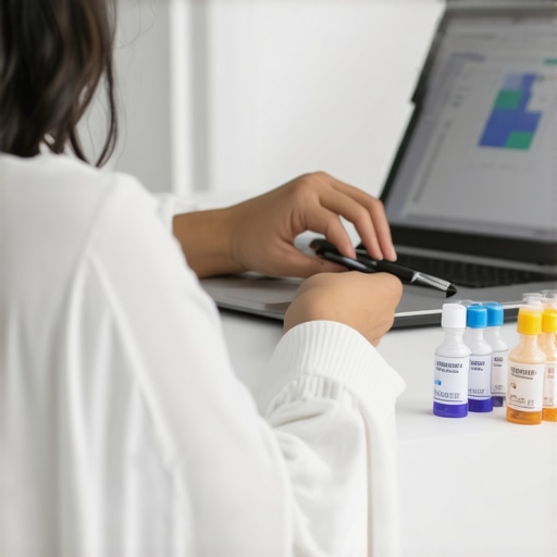 Person engaged in virtual therapy with health records and lab kits for wellness
