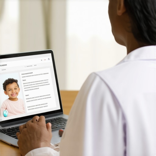 Parent and doctor talking during a telehealth appointment about child's vaccination schedule.