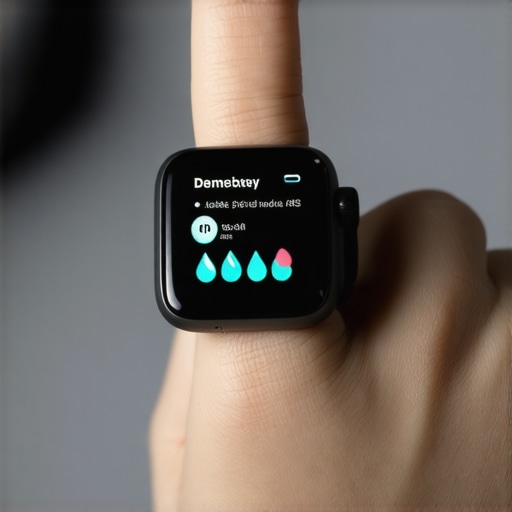 A close-up of a health monitoring ring displaying vital signs on a smartphone app.