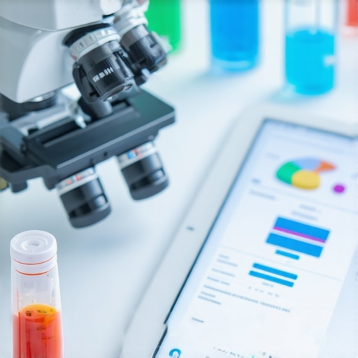 A scientific laboratory setup with a blood sample vial and a digital tablet showing bio-data charts for health tracking.