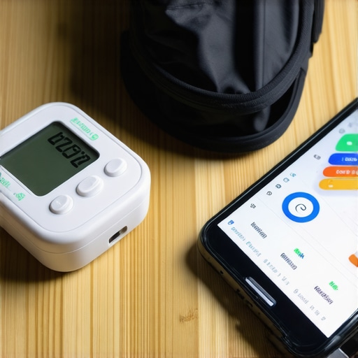 Advanced Home Medical Monitoring Tools Digital blood pressure monitor and thermometer synced with a health app on a smartphone
