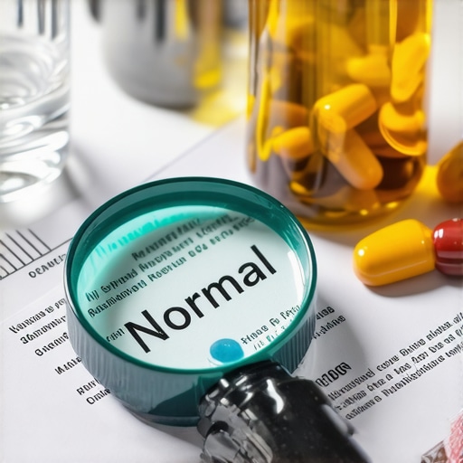 A magnifying glass highlighting lab results next to health supplements.