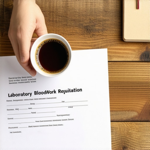 Hands holding coffee next to a medical lab form