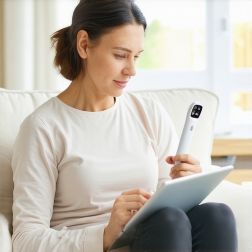 A mother using a tablet for a telehealth consultation at home with a thermometer ready.