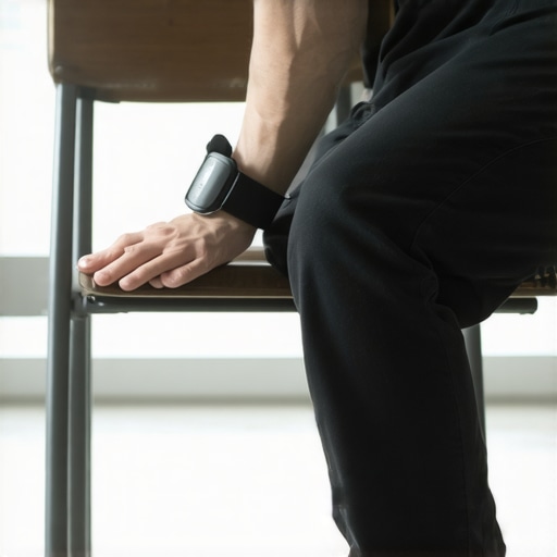 A person demonstrating the correct sitting position for taking blood pressure at home